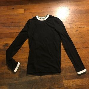 Black long sleeved T-shirt with white & grew trim